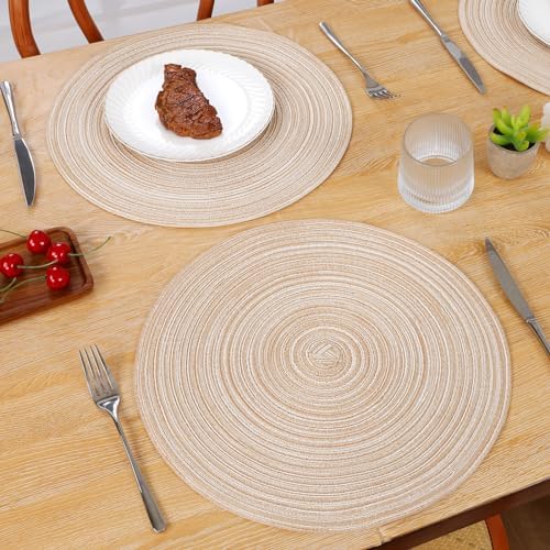 SHACOS 15 inch Round Braided Placemats Set of 6 Non Slip Heat Resistant Cotton Polyester Table Mats Washable Place Mats for Dinner Party Table Decoration (Beige, 6)