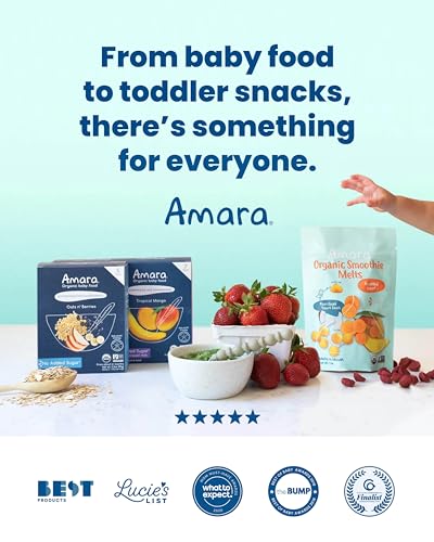 Amara Organic Baby Food | Oats and Berries | Baby Cereal to Mix With Breastmilk, Water, or Baby Formula | Baby Food Pouches, Made from Organic Fruit and Veggies | Stage 2 | 10 Pouches