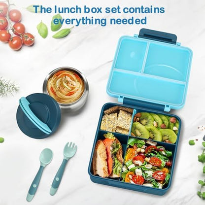 Bento Lunch Box Set for Kids with 8oz Soup Thermo, Leak-Proof Lunch Containers with 4 Compartment, Kids Thermo Hot Food Jar and Insulated Lunch Bag for Kid to School-Blue