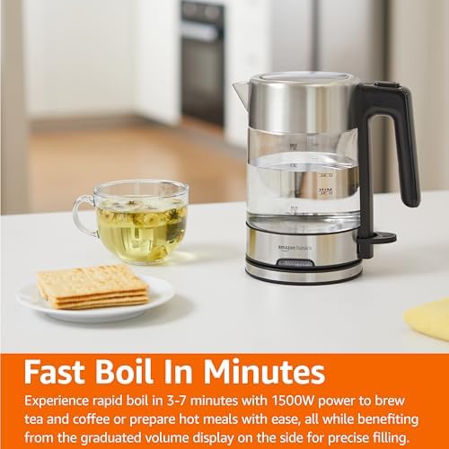 Amazon Basics Electric Kettle with Glass Carafe for Tea and Coffee, BPA-Free, Fast Boiling, Auto Shut-Off, 1.1 Quarts, 1500W, Glass and Steel