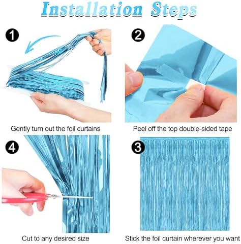 4 Pack Party Decorations, 3.28 FT x 7.05 FT Blue Foil Streamers, Metallic Sky Blue Backdrop Fringe Curtains Bithday Back Drop, Winter Backdrop for Party Supplies Door Decor Hanging