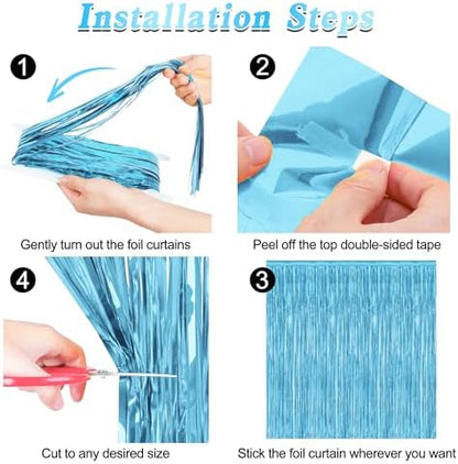 4 Pack Party Decorations, 3.28 FT x 7.05 FT Blue Foil Streamers, Metallic Sky Blue Backdrop Fringe Curtains Bithday Back Drop, Winter Backdrop for Party Supplies Door Decor Hanging