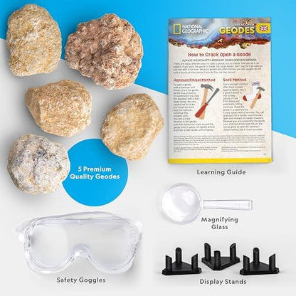 NATIONAL GEOGRAPHIC Break Open 5 Jumbo Geodes - Earth Science Kit with 5 Premium, Extra-Large Geodes with Crystals, Goggles & Display Stands, Science Gifts, Fun Stuff for Kids (Amazon Exclusive)