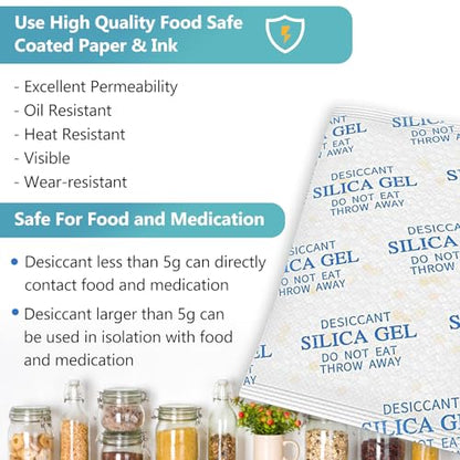 Premium Desiccant Silica Gel Packets with Color Indicating - Rechargeable Moisture Absorbers for Food Grade Silica Packets for Foods, Seeds, 3D Filaments, Electronics, Safes (150, 5 Gram)