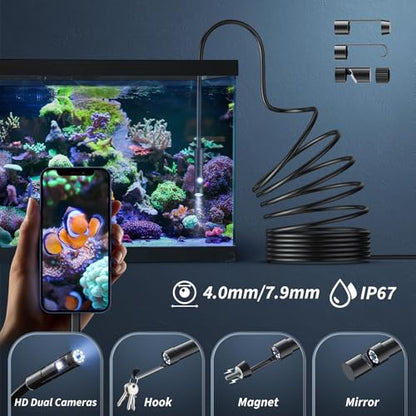Endoscope Camera with Light,1920P HD Borescope Tools with 8 Adjustable LED Lights, Endoscope with Semi-Rigid Snake Camera, IP67 Waterproof Inspection Borescope for iOS and Android-16.4ft Dual-Lens