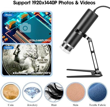 Digital USB Microscope Camera for iPhone iPad Android Phone Tablet, 50 to 1000X Mobile Coin Adult Student Kid Scope Jewelers Loupe 1920x1440P Recording with Metal Stable Stand - Not for PC