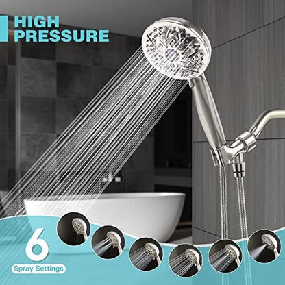 JDO Shower Head with Handheld, High Pressure Handheld Shower Head 6 Settings, Detachable Set with Stainless Steel Hose and Shower Bracket (Brushed Nickel)