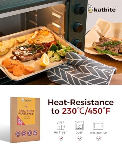 Katbite 200Pcs 12x16 In Unbleached Parchment Paper for Baking, Precut Parchment Paper Sheets, Heavy Duty Flat Baking Paper, Half Sheet Baking Sheets for Baking Cookies, Cooking, Air Fryer, Oven