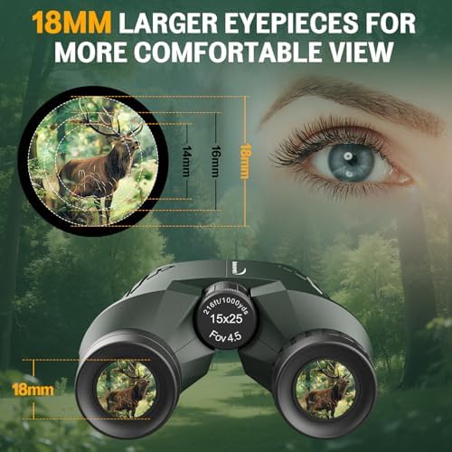 Aurosports 15x25 Compact Binoculars for Adult Kids - High Power Binoculars for Bird Watching - Easy Focus Small Binocular with Low Light Vision for Travel, Camping, Concert, Hiking -Green