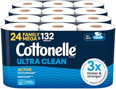 Cottonelle Ultra Clean Toilet Paper with Active CleaningRipples Texture, Strong Bath Tissue, 24 Family Mega Rolls = 132 Regular Rolls (4 Packs of 6)