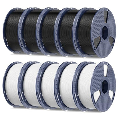 PETG Filament 1.75mm 2025 Upgrade Spool Compatible with Bambulab Refill Filament, 10kg(22lbs) SUNLU PETG 3D Printer Filament, 5 Pack-Black+White