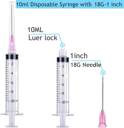 100 Pack Disposable 10ml/cc Lab Syringes with 18Ga 1 Inch Needle Luer Lock, Individually Sealed Packed
