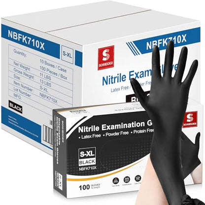 Schneider Nitrile Exam Gloves, Black, XL, 1000-ct Case, 4-mil, Latex-Free, Powder-Free, Food-Safe (NBFK7104)