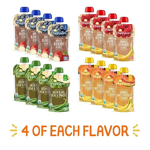 Happy Baby Organics Stage 2 Baby Food Pouches, Gluten Free, Vegan & Healthy Snack, Clearly Crafted Fruit & Veggie Puree, Fruit & Veggie Variety Pack, 4 Ounces (Pack of 16), Amazon Exclusive