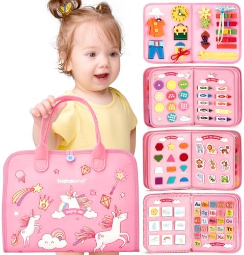 hahaland Toddler Busy Board Montessori Toys, Preschool Educational Learning Toys for 3 Year Old Girl Gifts with Life Skills, Alphabet, Number, Shape, Color, Animal, Weather - Toddler Girl Travel Toy