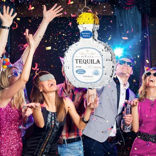 WERNNSAI Tequila Bottle Pinata - Disco Party Decorations for Adults Silver Patron Tequila Pinata with Blindfold for Bachelor Birthday Party Supplies 11.7” x 16.5”