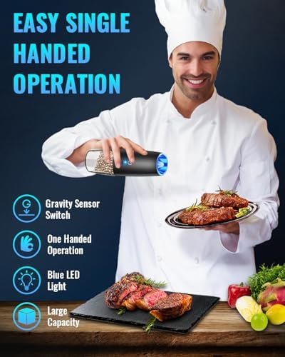 Rechargeable Electric Pepper and Salt Grinder Set, No Battery Needed, whit Gravity Sensing Switch and LED Light, One Hand Automatic Operation, Black 2 Pack
