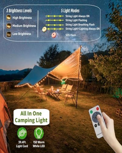 Solar Camping String Lights, 39.4FT Fairy String Lights 150LEDs, Portable Waterproof Camping Lamp with 8 Lighting Modes, Hanging Rechargeable Tent Lantern for Awning Garden Party Decor-Remote Control