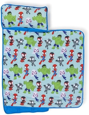 Jay Franco Toddler Nap Mat with Built-in Pillow and Blanket - Soft 46 x 20-inch Microfiber Kids Sleeping Bag for School or Sleepover, Blue - Spidey & His Amazing Friends