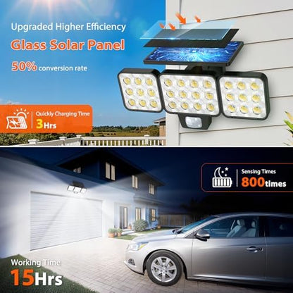 WdtPro 2025 Solar Lights Outdoor Flood Light, 3500LM Bright Motion Sensor Outdoor Lights, 3 Heads & Upgrade Glass Panel, LED Solar Powered Security Light Spotlights Waterproof for Outside Yard-2Pack
