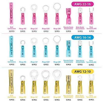 TICONN 250Pcs Heat Shrink Wire Connectors, Waterproof Automotive Marine Electrical Terminals Kit, Crimp Connector Assortment, Ring Fork Spade Splices