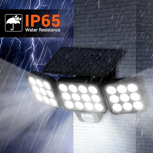 WdtPro 2025 Solar Lights Outdoor Flood Light, 3500LM Bright Motion Sensor Outdoor Lights, 3 Heads & Upgrade Glass Panel, LED Solar Powered Security Light Spotlights Waterproof for Outside Yard-2Pack