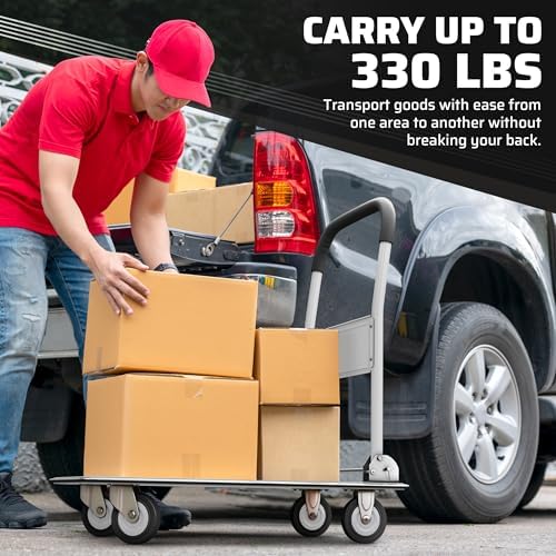 Heavy Duty Foldable Push Cart Dolly | 330 lbs. Capacity | Upgraded Collapsible Hand Truck Platform with Swivel Wheels | Flat Bed Moving Wagon | Space Saving Push Handle (White)