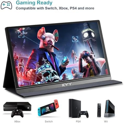 KYY Portable Monitor 15.6inch 1080P FHD USB-C, HDMI Computer Display HDR IPS Gaming Monitor w/Premium Smart Cover & Screen Protector, Speakers, for Laptop PC MAC Phone PS4 Xbox Switch