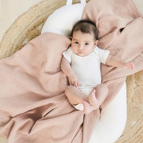 Konssy Muslin Swaddle Blankets for Boys Girls, 2 Pack Receiving Baby Blanket Large 47 x 47 inches, Soft Breathable Swaddling Wrap for Unisex Newborn (Pink, Floral)