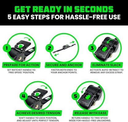 Rhino USA Retractable Ratchet Straps (4-Pack) - 1 Inch x 10 Feet (1,209lb Break Strength) - Heavy Duty Auto Self Retracting Tie Down Straps for Truck, Cargo Trailer, Motorcycle, Rad & More - Black