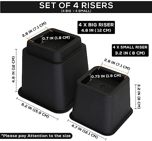 Utopia Bedding - Adjustable Bed Risers 3, 5, 8 Inch – Heavy Duty Furniture Riser Set of 4 for Beds, Couch & Desk – Under Bed Storage & Dorm Room Essential – Supports Up to 1,300 lbs – Black