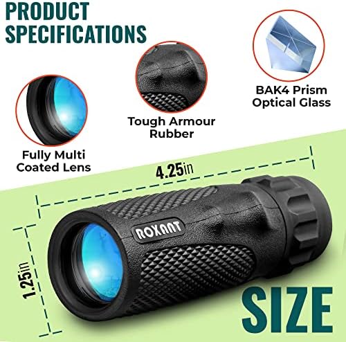 Roxant Viper Monocular Telescope – 10x25 Monoculars for Adults High Powered | Military Grade BAK4 Prism Pocket Scope | Weatherproof with Case, Wrist Strap & Smartphone Adapter