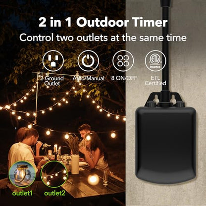 BN-LINK 7 Day Outdoor Heavy Duty Digital Programmable Timer, Outdoor Timer Outlet Waterproof, 2 Grounded Electrical Outlets for Christmas Lights, 15A 1/2HP,ETL Listed