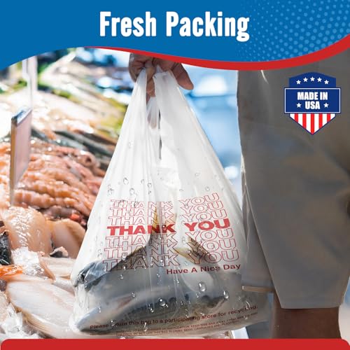 Fuxury 1000 Count Thank You Plastic Bags (12" x 6.5" x 21") White, T-shirt, Grocery, Take Out, To Go, Retail Shopping Bags in Bulk (Made in USA)