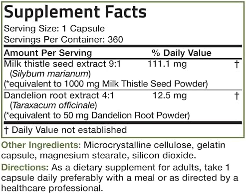 Bronson Milk Thistle Silymarin Marianum & Dandelion Root Liver Health Support, Antioxidant Support, Detox, 360 Capsules