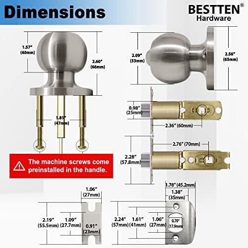 BESTTEN [2 Pack] Entry Door Knob with Lock, Keyed Different Door Lock for Exterior Door and Front Door, Standard Ball, Satin Nickel