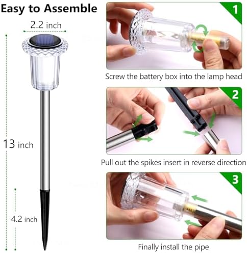 DenicMic Solar Lights Outdoor 10 Pack Waterproof 6000K Cold White LED Stainless Steel Stake for Pathway Yard Garden Driveway Solar Powered Outside Decor