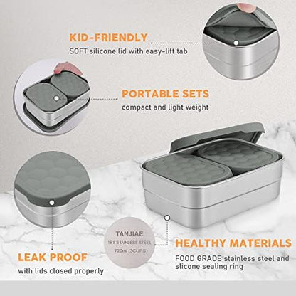 3 CUP+1 CUP Stainless Steel Lunch Snack Containers Set | Leak Proof 304 Stainless Steel Food Containers with Silicone Lids - Perfect Metal Lunch Box for School and Daycare (25oz+8oz*2)