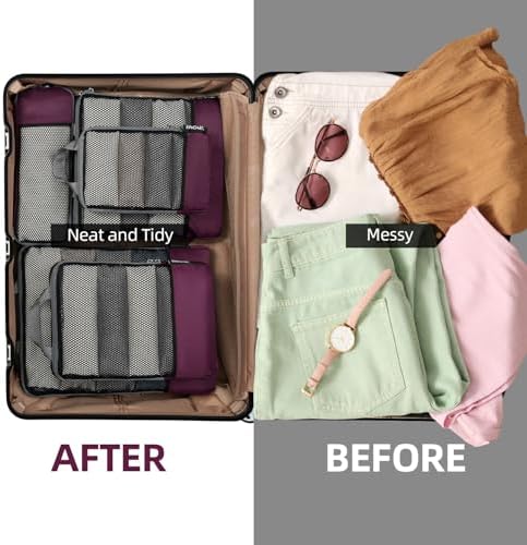 BAGAIL 4 Set/6 Set/8 Set Compression Packing Cubes Travel Accessories Expandable Packing Organizers (Half Mesh, 6-Burgundy)