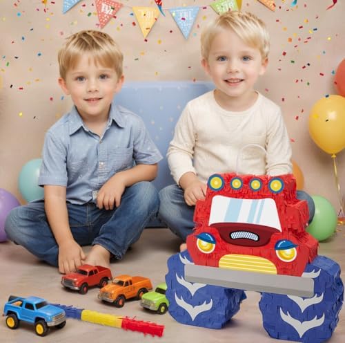 WERNNSAI Truck Piñata - Monster Truck Piñata Bundle with Blindfold and Bat for Boys Kids Piñata Theme Party Decoration Supplies Cool Car Piñata for Birthday Party Carnival Celebration Game