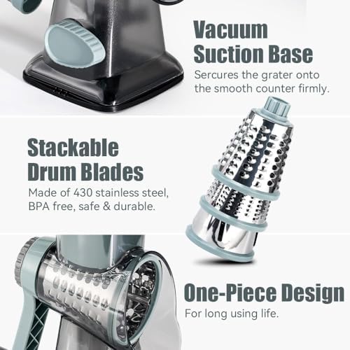KEOUKE Rotary Cheese Grater Hand Crank Transparent - Shredder Slicer Grinder 3 Stainless Steel Blades, Stable Suction, Labor-Saving Handle, Safe Kitchen Tool for Cheese, Vegetable, Nuts, Chocolate