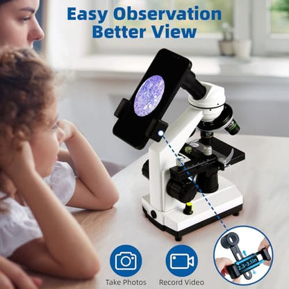 Microscope for Adults Kids,40X-2000X Monocular Microscope Kit for Home School Lab, 2 LED Lights & 5 Colors Kids Microscope with Phone Holder,10 Specimen Slides,20 Slides,100 Coverslips, Bag