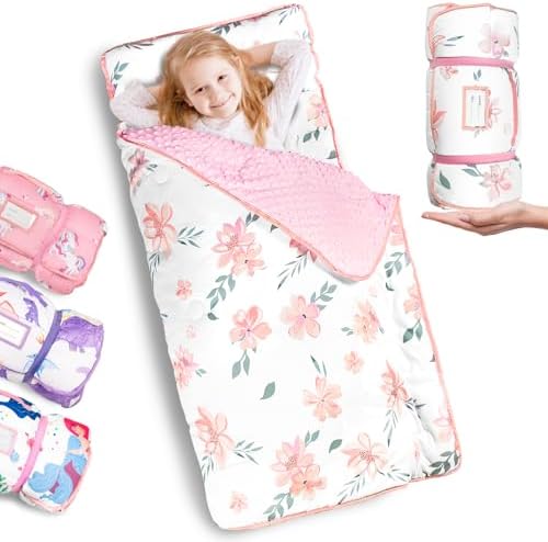Primlect Thickened Toddler Nap Mat with Removable Pillow and Minky Blanket, Extra Large 55''x35'' Sleeping Bag, Washable, Roll up, Perfect for Daycare, Preschool, Kindergarten, Boys and Girls Flowers