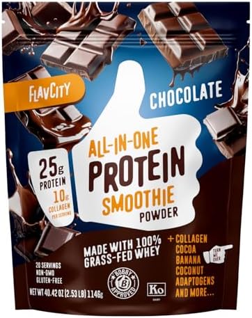 FlavCity Grass Fed Whey Chocolate Protein Powder - 25g Protein & 10g Collagen - Made with Organic Cocoa, Bananas & Coconut Milk - Gluten Free & No Added Sugars (20 Servings)