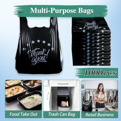1000 Count Black “Thank You” T-Shirt Bags – Reusable & Disposable Grocery & Supermarket Carry Bags, 11"x6"x21"