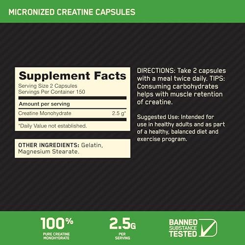 Optimum Nutrition Micronized Creatine Monohydrate Capsules, Keto Friendly, 2500mg, 300 Capsules (Packaging May Vary)
