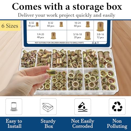 SAE Rivet Nut Assortment Kit(240Pcs),#6-32#8-32#10-24 1/4"-20 5/16"-18 3/8"-16 UNC Rivnut Threaded Insert Nut Set,Zinc Plated Finish Carbon Steel Nutsert