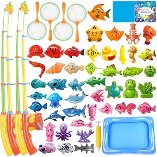 CozyBomB™ Magnetic Fishing Toys Game Set for Kids | Water Table Bathtub Kiddie Pool Party & Pole Rod Net, Plastic Floating Fish Toddler Color Ocean Sea Animals Birthday Age 3 4 5 6 Year