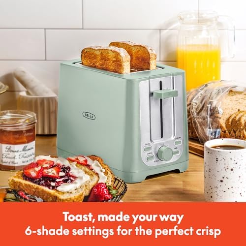 BELLA 2 Slice Toaster with Auto Shut Off - Extra Wide Slots & Removable Crumb Tray and Cancel, Defrost & Reheat Function - Toast Bread, Bagel & Waffle, Sage