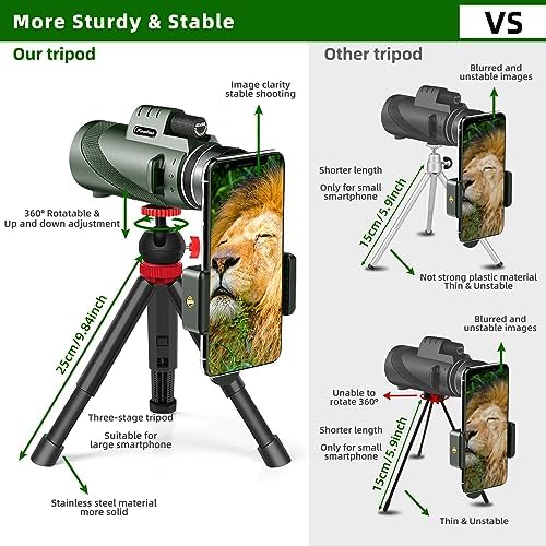 40X60 Monocular Telescope, High Power Monocular for Adults with Phone Adapter& Tripod& Hand Strap, Low Night Vision Monocular, Equipped with BAK4 Prism for Bird Watching and Traveling Concert